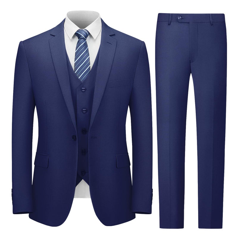Cooper Nelson Mens Suit Slim Fit 3 Piece Suits for Men One Button Solid Jacket Vest Pants with Tie Tuxedo Set Navy Blue XL