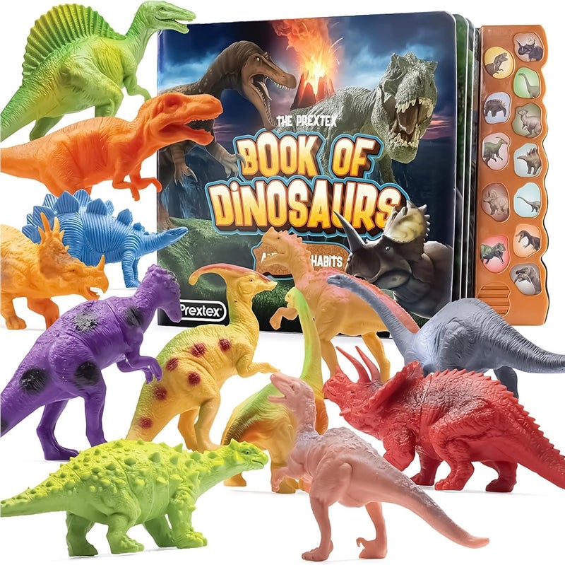 PREXTEX Dinosaur Toys for Kids 3-5 - 12 Dinosaur Figurines and Dino Book for Kids with Sound - Realistic Toy Dinosaurs Figures - Dino Toys with Sound Books - Image 1