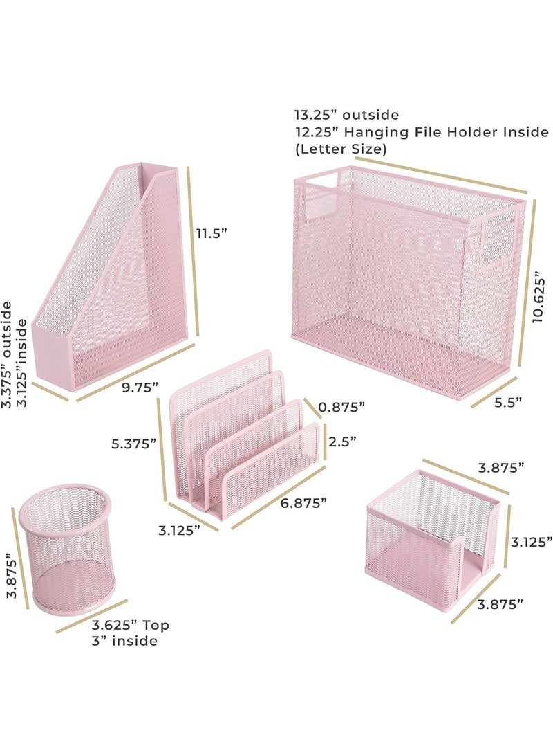 BLU MONACO 5 Piece Office Supplies Pink Desk Organizer Set - with Desktop Hanging File Organizer, Magazine Holder, Pen Cup, Sticky Note Holder, Letter sorter - Pink Desk Accessories for Women Office - Image 4