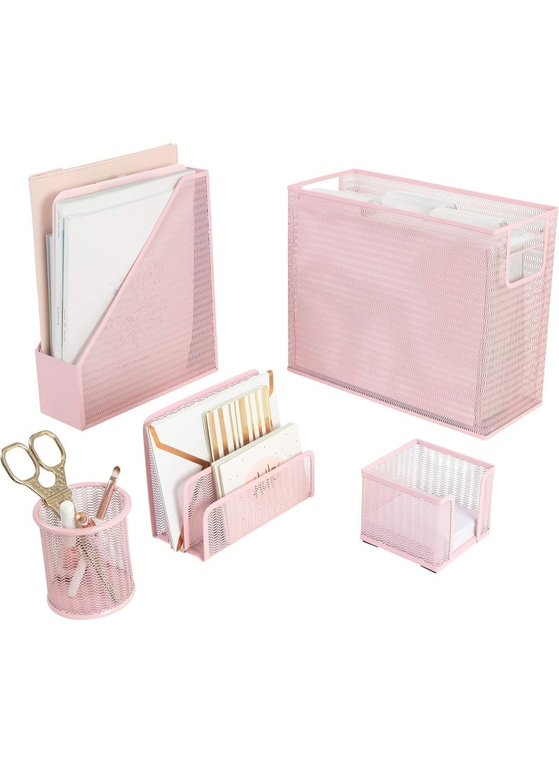 BLU MONACO 5 Piece Office Supplies Pink Desk Organizer Set - with Desktop Hanging File Organizer, Magazine Holder, Pen Cup, Sticky Note Holder, Letter sorter - Pink Desk Accessories for Women Office - Image 1