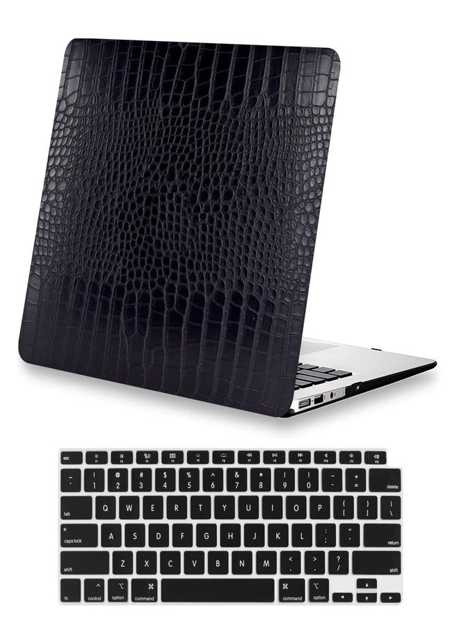 KEROM Compatible with MacBook Air 13 inch 2024-2022 M3 M2 A3113 A2681, Crocodile MacBook Air M3 13 inch Case, Aligator Skin PU Leather Hard Shell & Keyboard Cover for MacBook Air 13.6 inch Case, Black