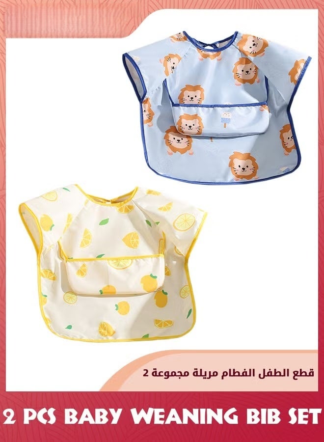 EETU 2 Pack Baby Food Bibs,Sleeveless Weaning Coverall Set,Waterproof Baby Feeding Bib With Crumb Catcher Pocket,Toddlers Bibs For Little Kids Infants 6-12 Months,Large Pocket,Multi-Pattern - Image 1