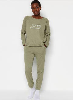 trendyol Dark Green Motto T-shirt-Jogger Knitted Pajamas Set THMAW21PT0497  - Image 2