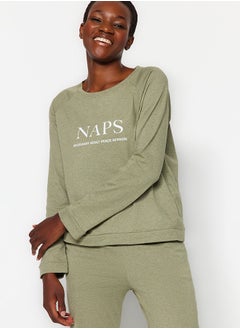 trendyol Dark Green Motto T-shirt-Jogger Knitted Pajamas Set THMAW21PT0497  - Image 1