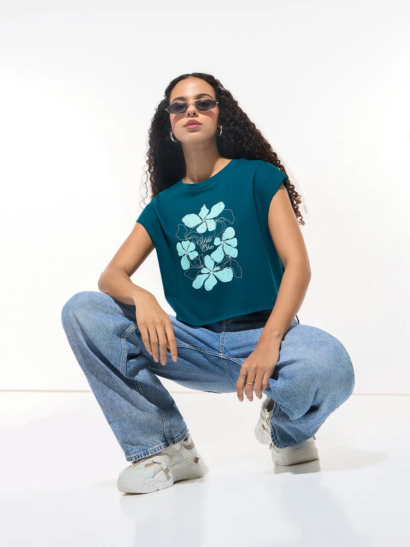 Outzidr  Teal Sleeveless Crop Boxy Printed Tees for Women | Best Price UAE