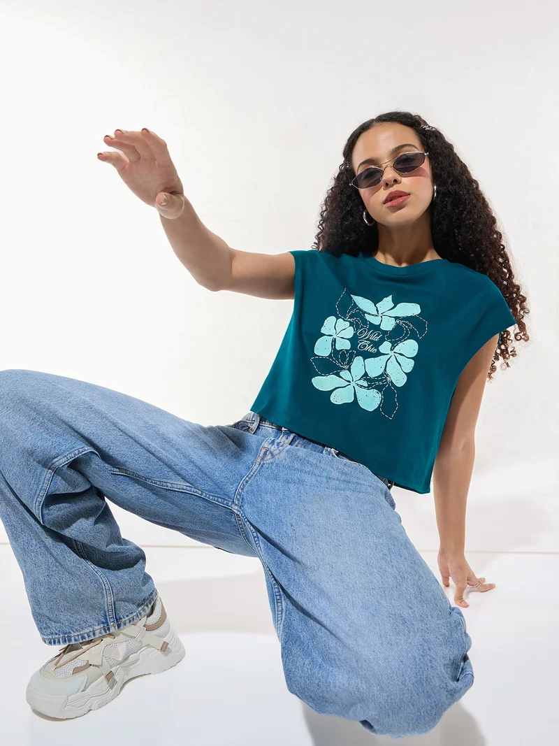 Outzidr  Teal Sleeveless Crop Boxy Printed Tees for Women | Best Price UAE