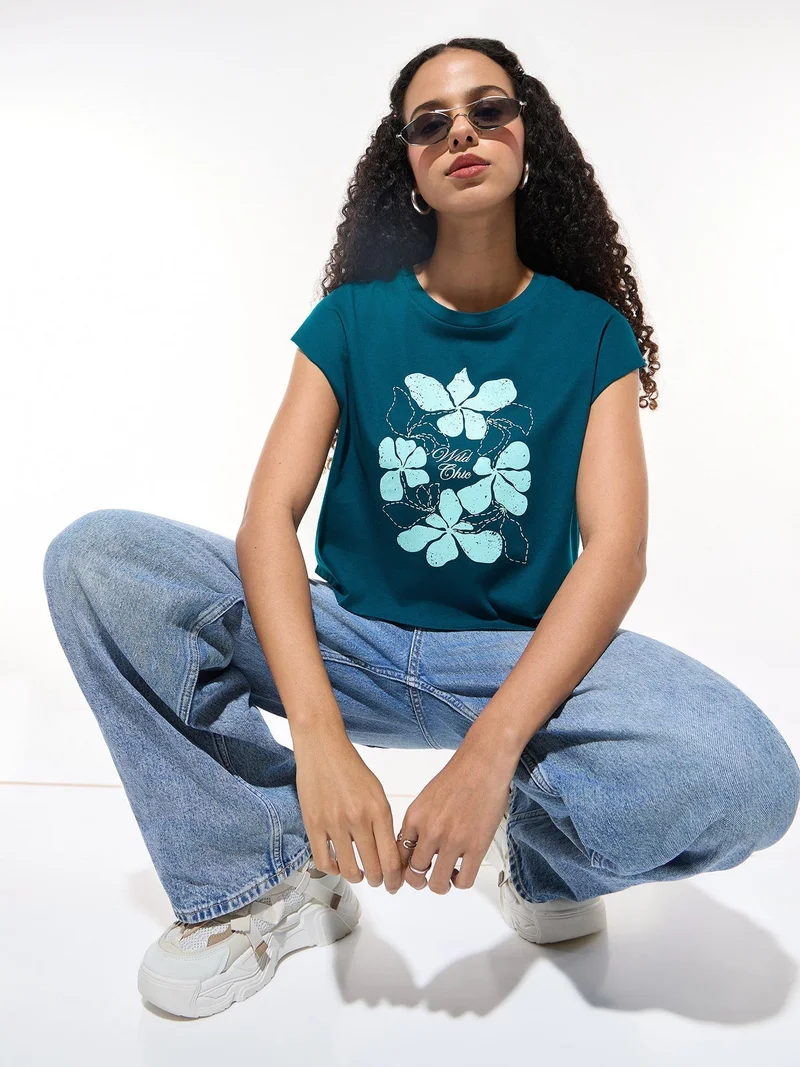Outzidr  Teal Sleeveless Crop Boxy Printed Tees for Women | Best Price UAE