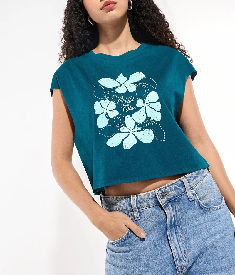 Outzidr  Teal Sleeveless Crop Boxy Printed Tees for Women | Best Price UAE