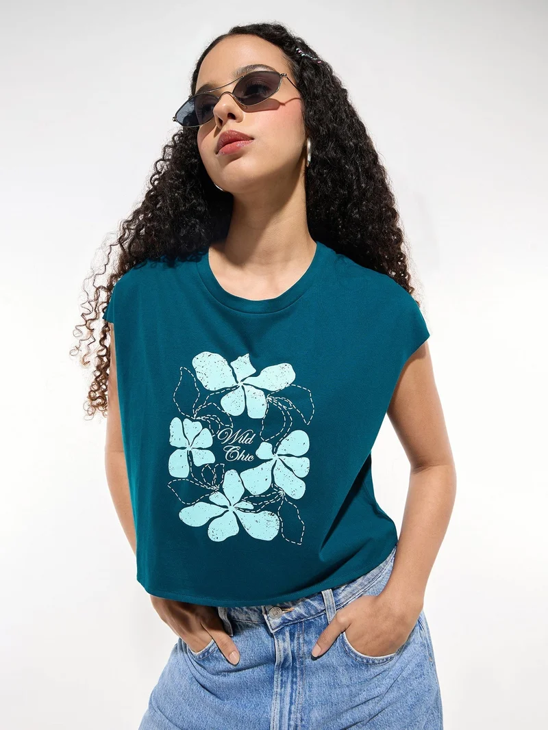 Teal Sleeveless Crop Boxy Printed Tees