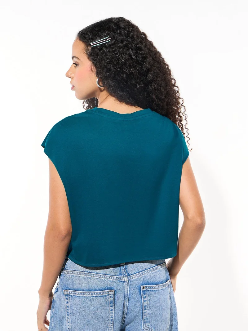 Outzidr  Teal Sleeveless Crop Boxy Printed Tees for Women | Best Price UAE