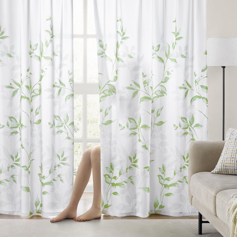 HOMEIDEAS Non-See-Through Sage Green and White Privacy Sheer Curtains 52 X 84 Inch Length 2 Panels, Leaf Floral Printed Light Filtering Semi Sheer Window Curtains Drapes for Bedroom Living Room - Image 2