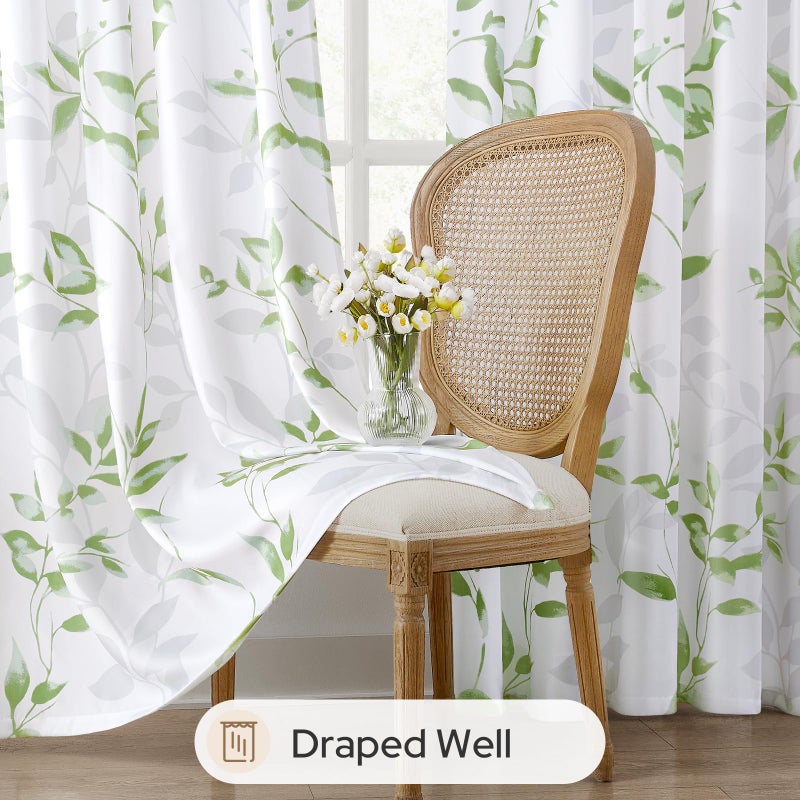 HOMEIDEAS Non-See-Through Sage Green and White Privacy Sheer Curtains 52 X 84 Inch Length 2 Panels, Leaf Floral Printed Light Filtering Semi Sheer Window Curtains Drapes for Bedroom Living Room - Image 4