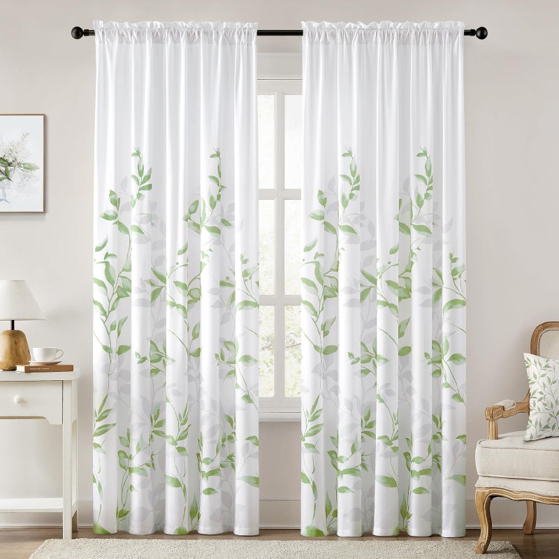 HOMEIDEAS Non-See-Through Sage Green and White Privacy Sheer Curtains 52 X 84 Inch Length 2 Panels, Leaf Floral Printed Light Filtering Semi Sheer Window Curtains Drapes for Bedroom Living Room - Image 1