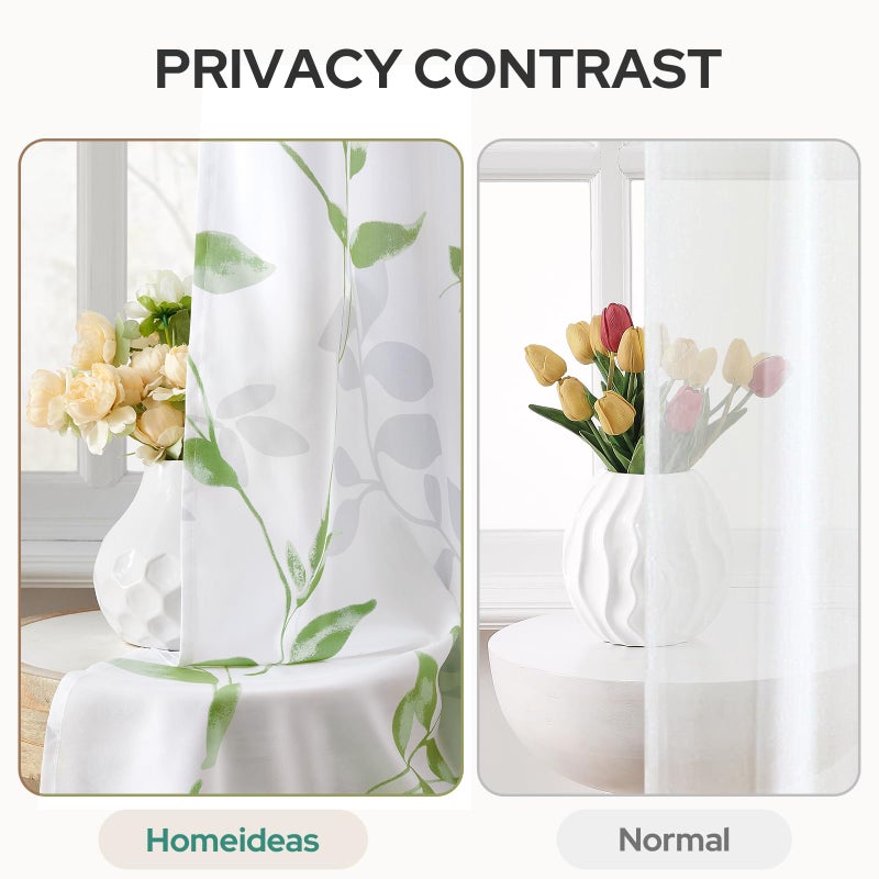 HOMEIDEAS Non-See-Through Sage Green and White Privacy Sheer Curtains 52 X 84 Inch Length 2 Panels, Leaf Floral Printed Light Filtering Semi Sheer Window Curtains Drapes for Bedroom Living Room - Image 3