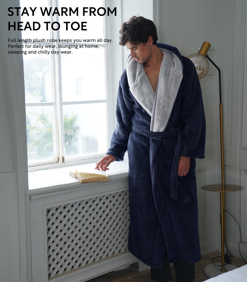 David Archy Men'S Soft Plush Fleece Robe Full Length Hooded Long Bathrobe For Men With Hood (L  Navy Blue- Shu Velveteen) - Image 4