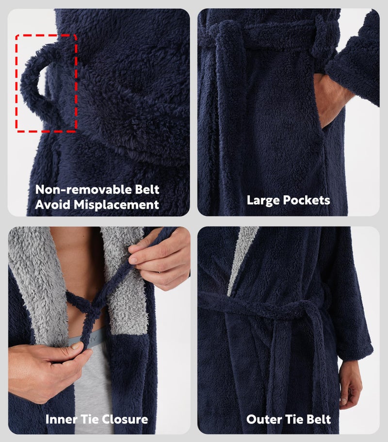David Archy Men'S Soft Plush Fleece Robe Full Length Hooded Long Bathrobe For Men With Hood (L  Navy Blue- Shu Velveteen) - Image 3