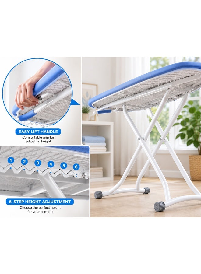 keke Foldable Ironing Board with Iron Rest | 133x34cm Large Surface | Adjustable Height 80cm | Sturdy Steel Frame | Anti-Slip Rubber Feet | Light Blue Cover | Space-Saving Design for Home & Laundry Room - Image 4
