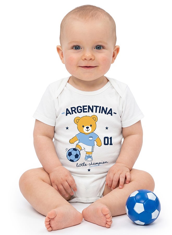 FIFA Argentina Football Printed Unisex Baby Onesie, Little Champion Teddy Graphic, Soft Cotton Infant Bodysuit - White - Image 3