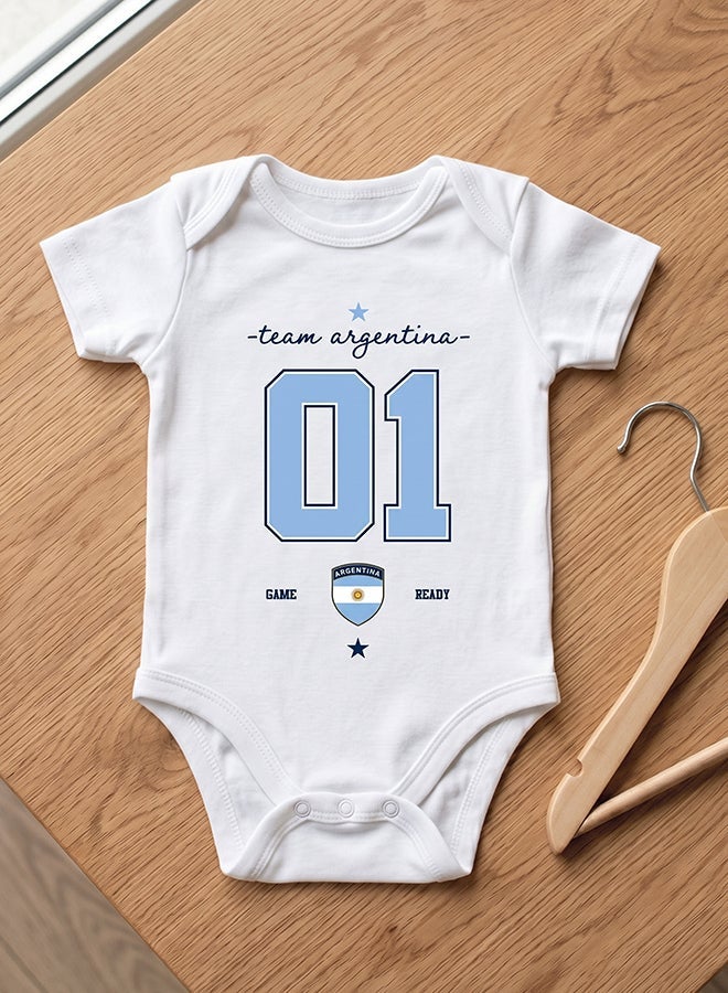 FIFA Argentina Football Printed Unisex Baby Onesie, Little Champion Teddy Graphic, Soft Cotton Infant Bodysuit - White - Image 2