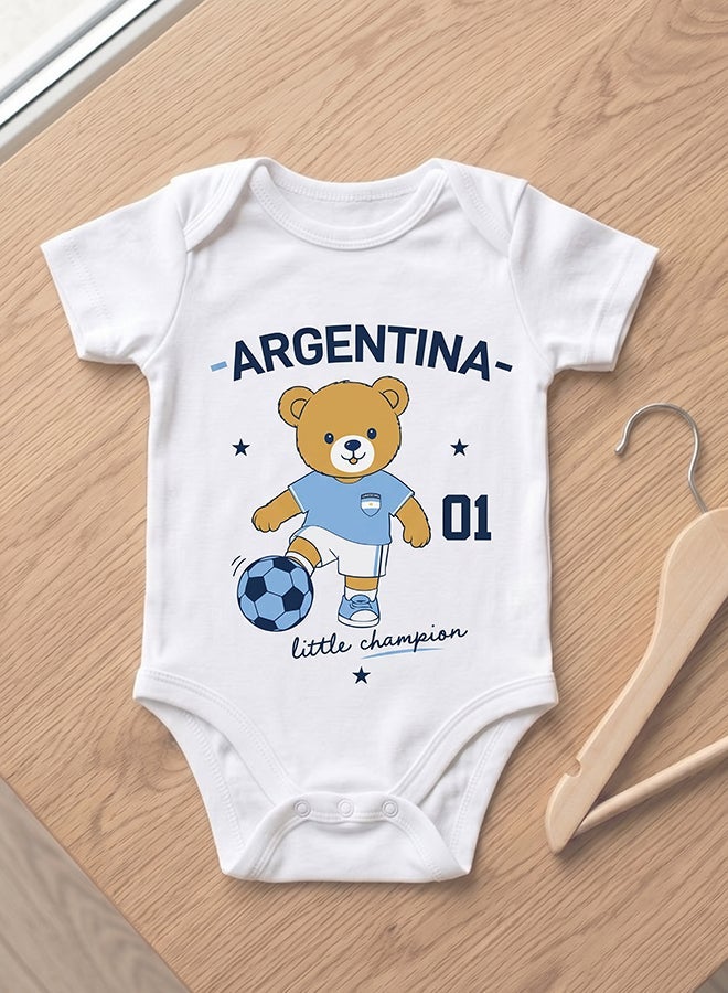 FIFA Argentina Football Printed Unisex Baby Onesie, Little Champion Teddy Graphic, Soft Cotton Infant Bodysuit - White - Image 1