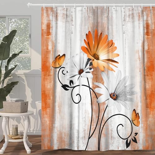 VeiVian Rustic Farmhouse Shower Curtain, Farm Orange Daisy Floral Fall Flowers and Butterfly on Country Wooden Autumn Shower Curtain for Bathroom, Yellow Grey Gray Red Gold Curtain with 12PCS Hooks, 70X70IN - Image 2