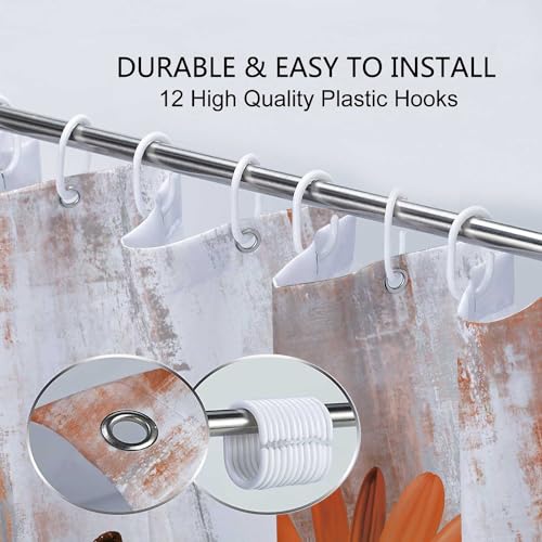 VeiVian Rustic Farmhouse Shower Curtain, Farm Orange Daisy Floral Fall Flowers and Butterfly on Country Wooden Autumn Shower Curtain for Bathroom, Yellow Grey Gray Red Gold Curtain with 12PCS Hooks, 70X70IN - Image 5