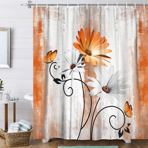 VeiVian Rustic Farmhouse Shower Curtain, Farm Orange Daisy Floral Fall Flowers and Butterfly on Country Wooden Autumn Shower Curtain for Bathroom, Yellow Grey Gray Red Gold Curtain with 12PCS Hooks, 70X70IN - Image 1