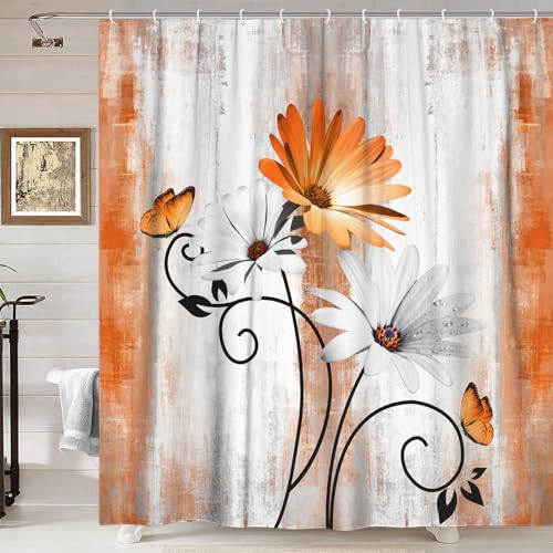 VeiVian Rustic Farmhouse Shower Curtain, Farm Orange Daisy Floral Fall Flowers and Butterfly on Country Wooden Autumn Shower Curtain for Bathroom, Yellow Grey Gray Red Gold Curtain with 12PCS Hooks, 70X70IN - Image 4
