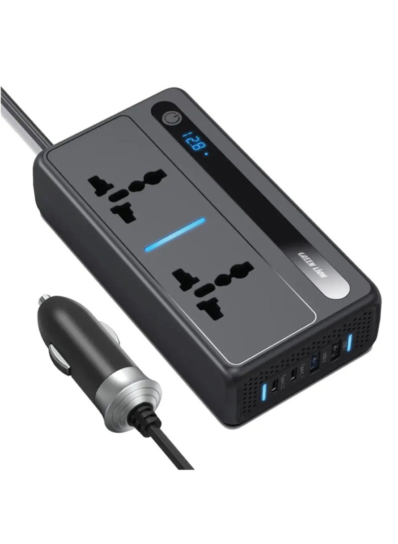 GREEN LION GC-250 Car Inverter with 200W Power, Built-in Cooling Fan, LED Display, 2 Universal Sockets, Breathing Lights, 53cm Power Cord, Multiple Protection - Black - Image 1