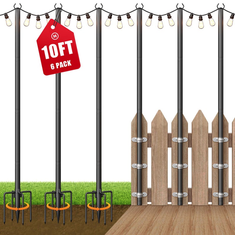 Voxelure 6 Pack String Light Poles for Outside, 10Ft Adjustable Outdoor Light Poles for String Lights, Outdoor Lighting Stand with Fork for Patio, Deck, Backyard, Garden, Party & Wedding - Image 1