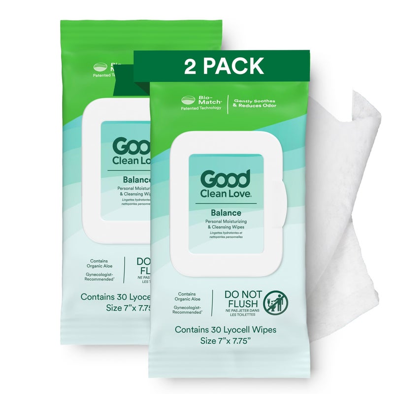 Good Clean Love مناديل نسائية متوازنة pH من Good Clean Love، تدعم صحة المهبل بشكل طبيعي وتقلل من الرائحة، منتج نظافة مرطب وغير مهيج مصنوع من الألوة العضوية، (60 قطعة) - Image 1