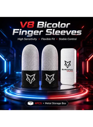 أكمام أصابع V8 ثنائية اللون للألعاب على الهاتف مع علبة تخزين معدنية، 4 قطع للشاشات اللمسية بحساسية عالية وتهوية جيدة وملاءمة مرنة وتحكم سلس