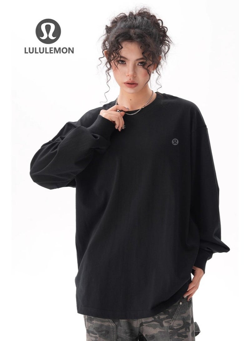 Lululemon long sleeved loose T-shirt top, unisex casual sportswear, suitable for daily use and fitness, 240G100% pure cotton - Image 4
