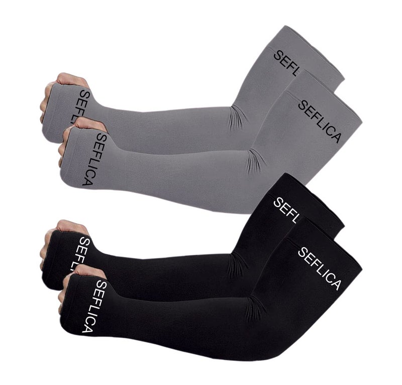 SEFLICA UV Sun Protection Cooling UPF 50 Compression Arm Sleeve for Men and Women With Thumb Hole, Arm Sleeves for Boys and Girls, For Tattoo Cover Up and Sports, 2 Pair - Black And Grey - Image 1
