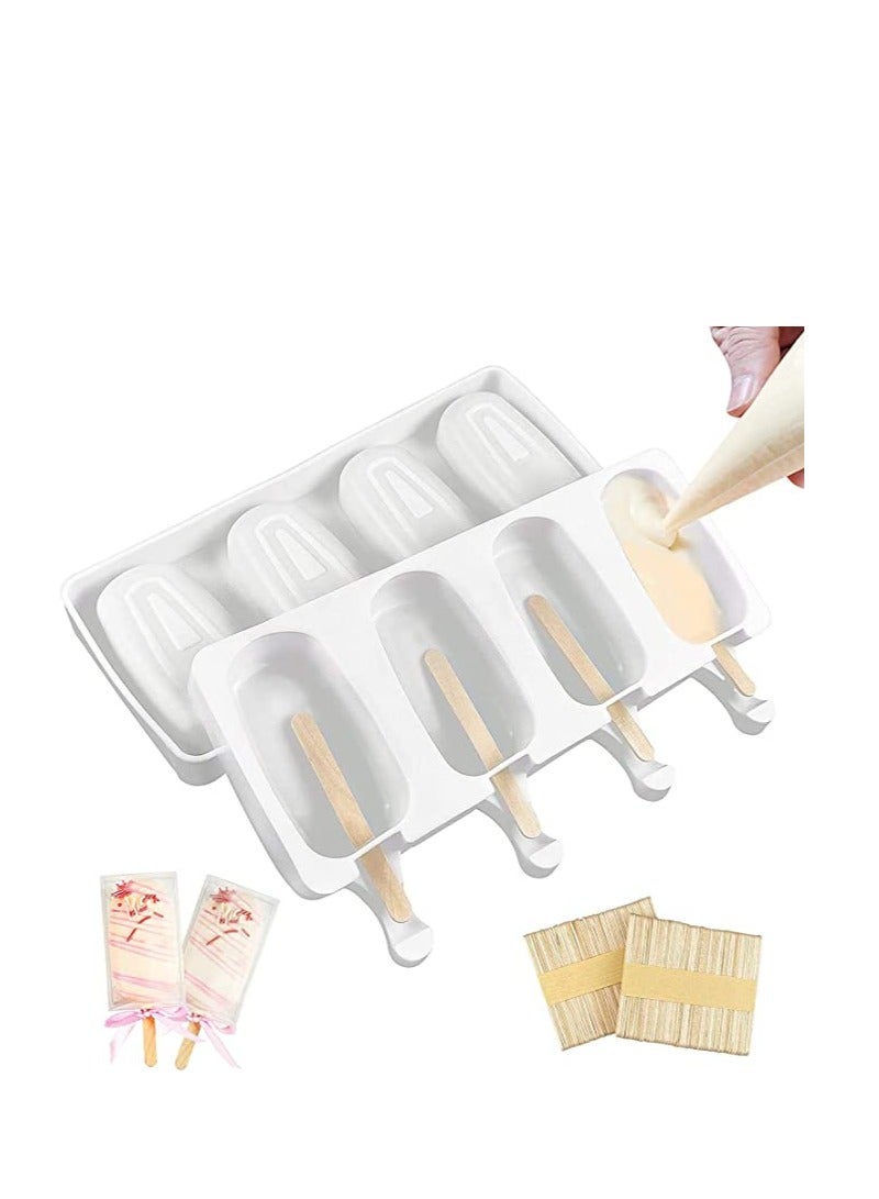 Zikra Ice Lolly Moulds, BPA Free Silicone Popsicles Moulds of 2 Packs, Ice Cream Ice Cube Tray Popsicle Reusable Food Grade Silicone DIY Moulds Oval with 50 Pieces Natural Wood Craft Sticks (White) - Image 1