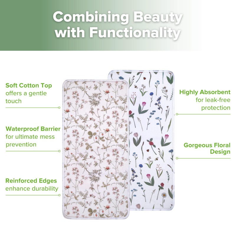 haakaa Waterproof Changing Pad Liners, 100% Cotton, Soft & Breathable (2pcs, 13" x 27.5" Honey Blossom+Vintage Garden) - Image 4