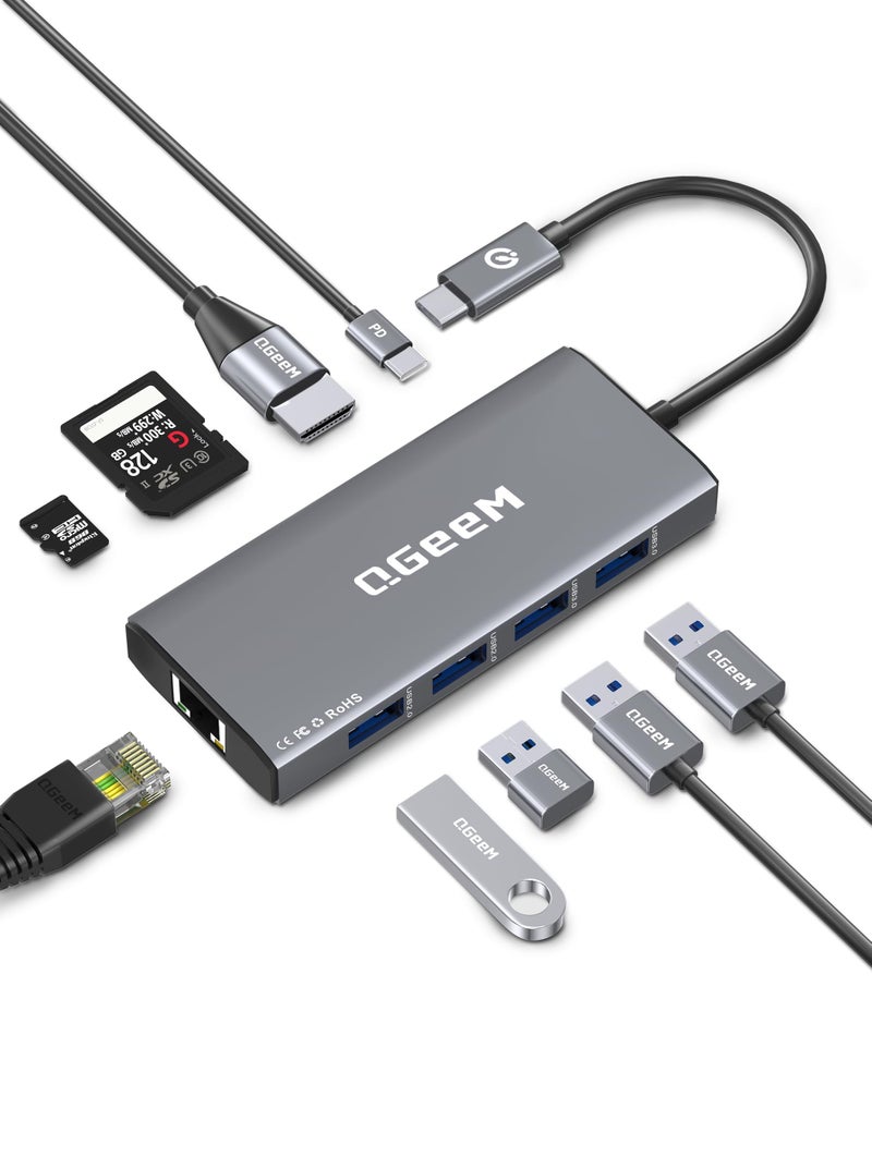QGeeM USB C Hub Ethernet,9 in 1 USB Type C Hub HDMI Multi-Port Converter Adapter,100W Pd, USB 3.0,SD/TF Card Reader,Compatible for MacBook Pro Air Ipad HP Dell Lenovo Chromebook etc.-Gray - Image 1