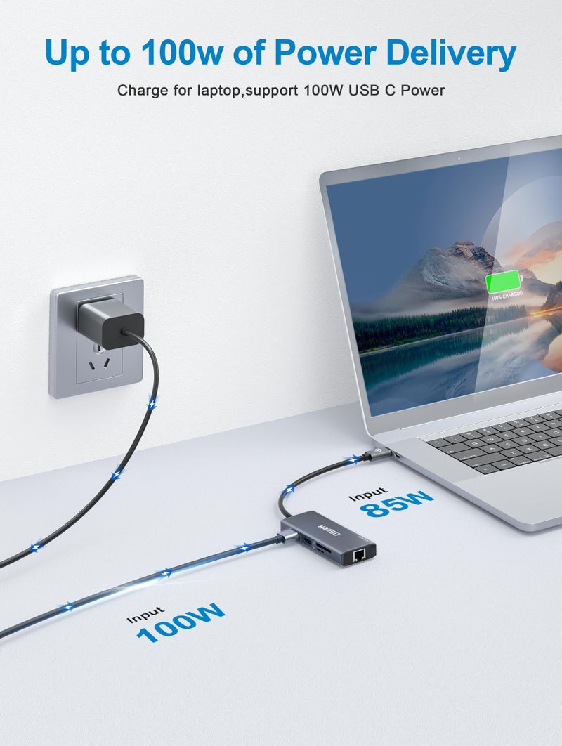 QGeeM USB C Hub Ethernet,9 in 1 USB Type C Hub HDMI Multi-Port Converter Adapter,100W Pd, USB 3.0,SD/TF Card Reader,Compatible for MacBook Pro Air Ipad HP Dell Lenovo Chromebook etc.-Gray - Image 5