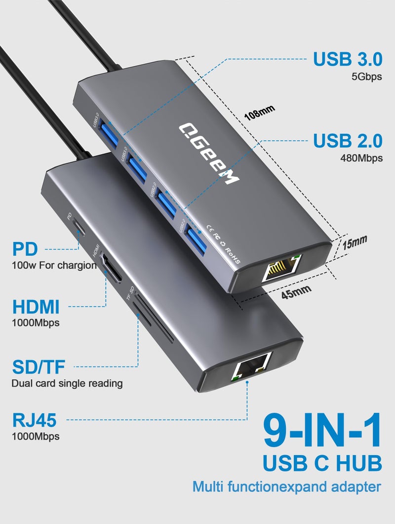 QGeeM USB C Hub Ethernet,9 in 1 USB Type C Hub HDMI Multi-Port Converter Adapter,100W Pd, USB 3.0,SD/TF Card Reader,Compatible for MacBook Pro Air Ipad HP Dell Lenovo Chromebook etc.-Gray - Image 2