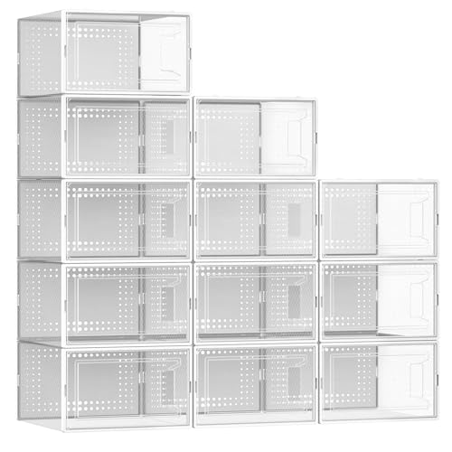 Secret Space 12 Pack X Large Shoe Organizer Storage Boxes for Closet Modular Space Saving Shoe Boxes Clear Plastic Stackable Sneaker Containers Display Case with Lids White
