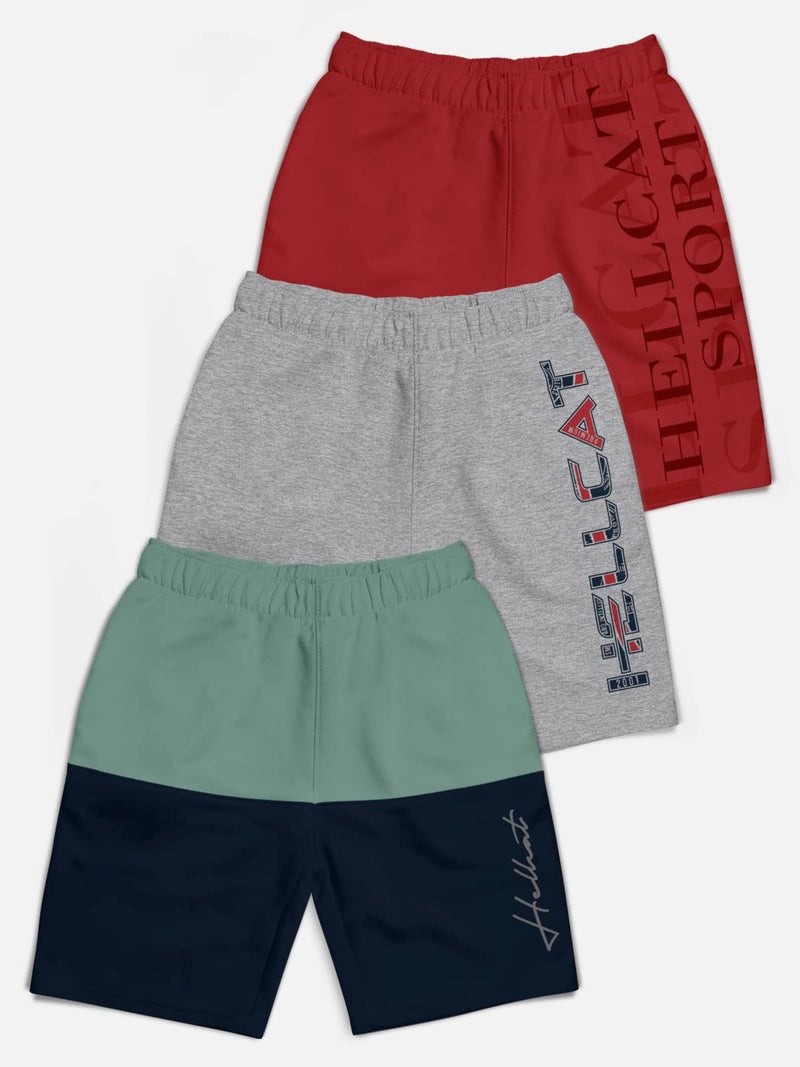 HELLCAT Pack of 3 Trendy Typographic Printed Mid Rise Shorts for Boys - Sea Green/Grey Melange/Maroon_7-8 Years - Image 2