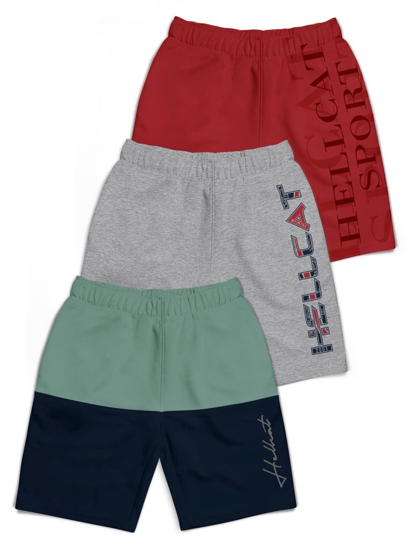 HELLCAT Pack of 3 Trendy Typographic Printed Mid Rise Shorts for Boys - Sea Green/Grey Melange/Maroon_7-8 Years - Image 1