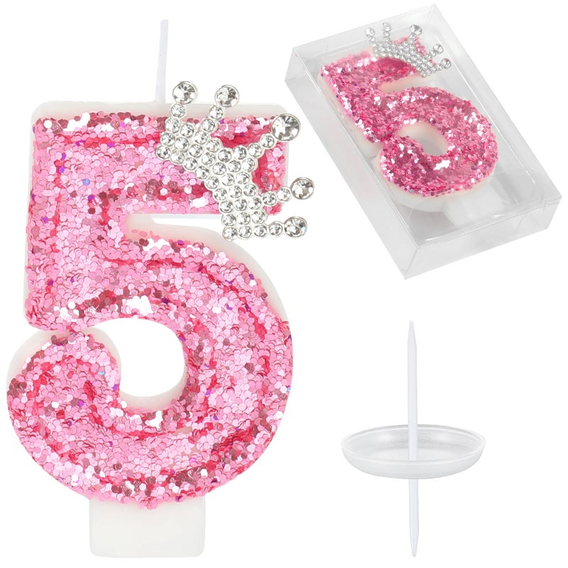Birthday Number CandlesPink Crown Birthday Candles for CakeGlitter Number 5 Candle Cake Topper with Sequins for GirlsWomen Anniversary Celebrations Supplies Pink 5