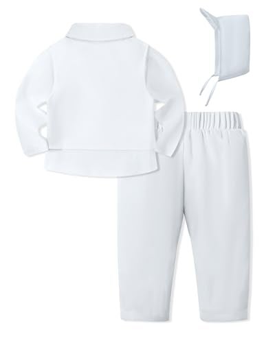 YALLET Baby Boys Christening Clothes Formal Baby Boy Baptism Outfits 69 Months Long Sleeve Wedding Suit Winter Dress Shirt Cute Spring Embroidery Vest Fall Gentleman Pants Bowtie Pure White - Image 3