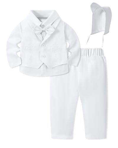 YALLET Baby Boys Christening Clothes Formal Baby Boy Baptism Outfits 69 Months Long Sleeve Wedding Suit Winter Dress Shirt Cute Spring Embroidery Vest Fall Gentleman Pants Bowtie Pure White - Image 1