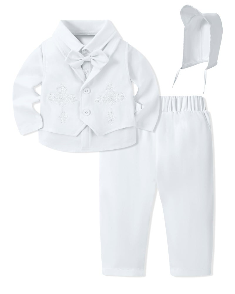 YALLET Baby Boys Christening Clothes Formal Baby Boy Baptism Outfits 69 Months Long Sleeve Wedding Suit Winter Dress Shirt Cute Spring Embroidery Vest Fall Gentleman Pants Bowtie Pure White - Image 2