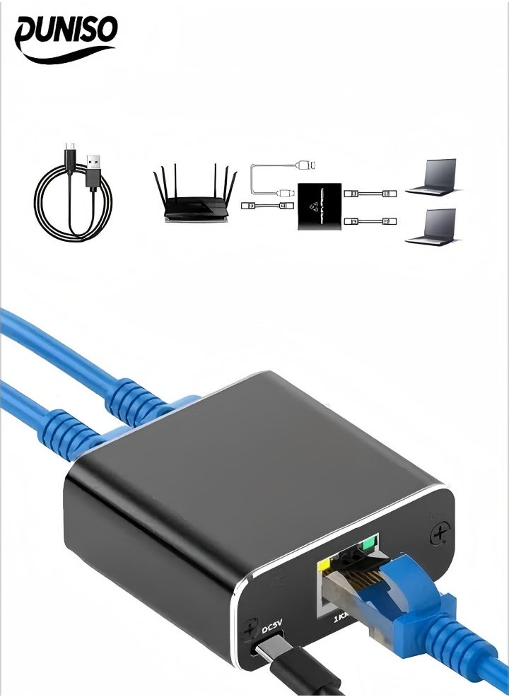 DUNISO Ethernet Splitter 1 to 2,1000Mbps Gigabit Network Splitter 2 Port,LAN Splitter，with USB Type-C Power Cable，for Computer, Hub, Switch, Router, ADSL, Suitable For Home, School, Dormitory, Enterprise, Villa  - Image 4