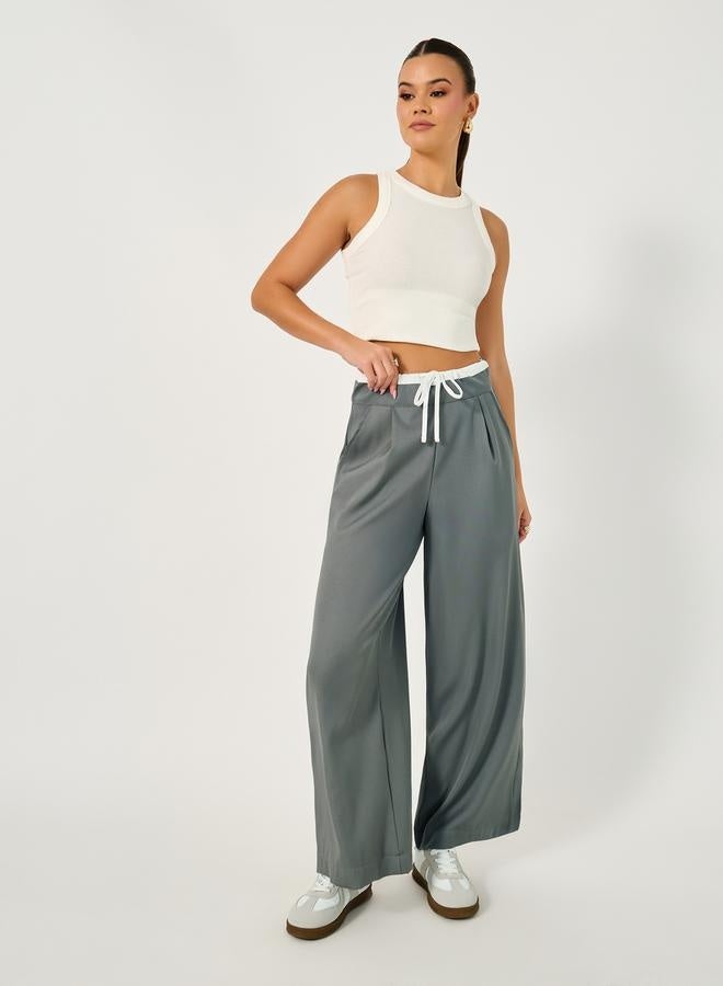 Styli Wide Leg Pants with Contrast Drawstring Waistband  - Image 1