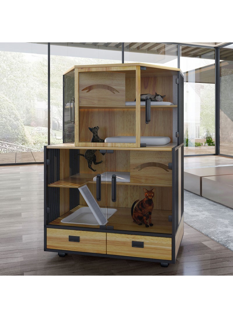 SOPAPETS SOPAPETS High-End Luxury Home Cat Villa, Premium Rubber Wood, Spacious and Mutil-Level, Removable Soft Cushion, Dual-Sided Ventilation, Cat Litter Box, Storage, Night Light, Easy Clean (103x60x183cm)  - Image 1