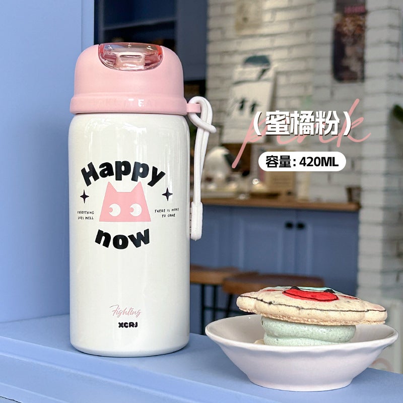 Simple school thermos cup student special portable straw cup cartoon cute small stainless steel cup wholesale X-214W pink